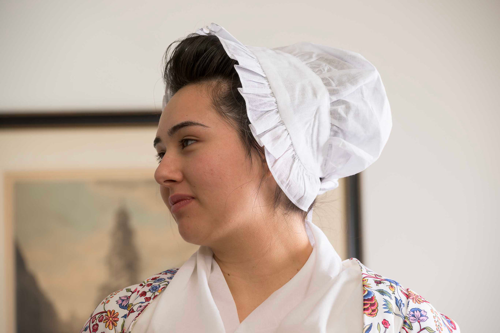 Long Ruffled Linen Organdy Cap