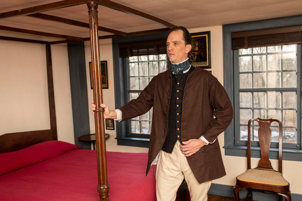 Blue 1770&#39; Waistcoat being worn with Colonial American clothing.