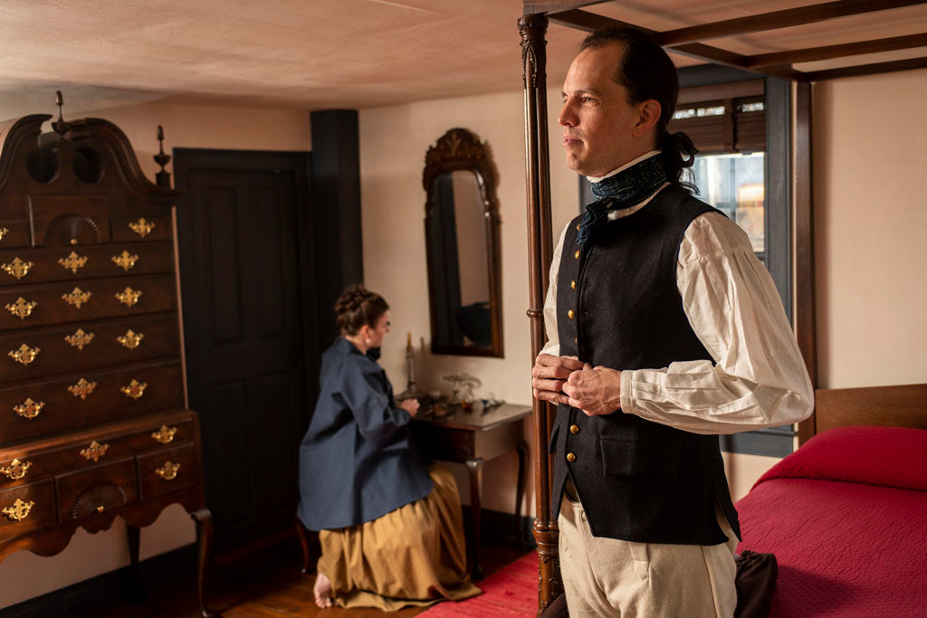 Blue 1770&#39;s Waistcoat for 18th Century Living History being buttoned.