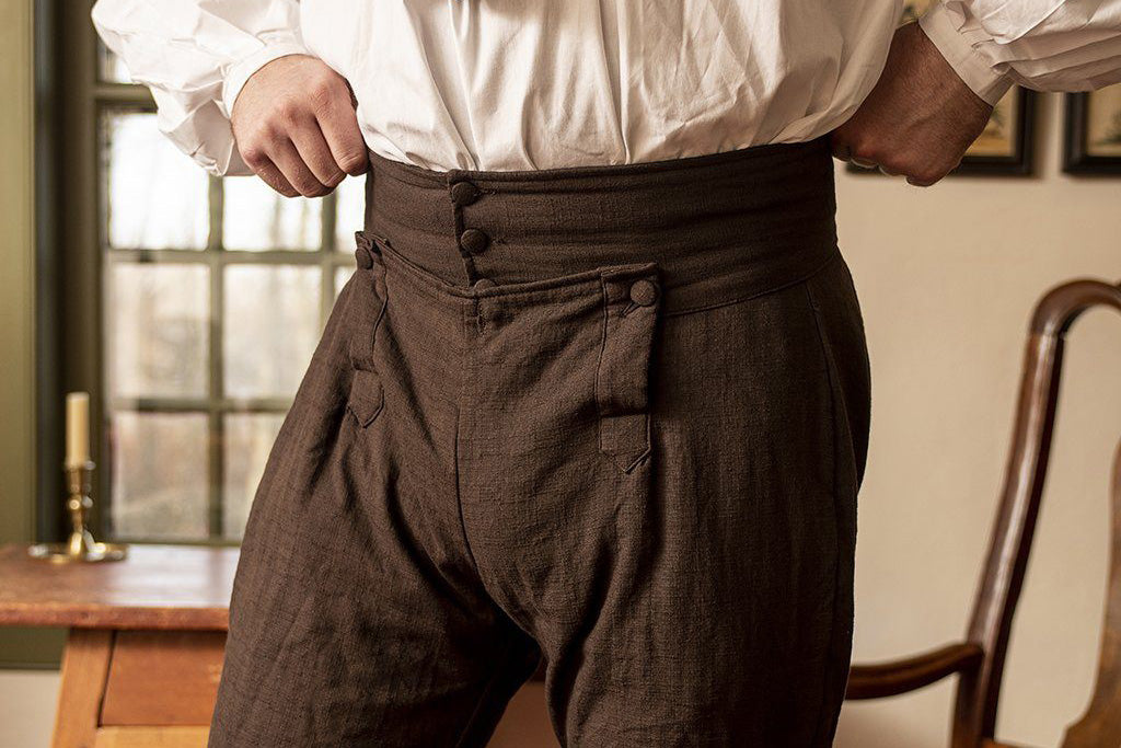 Man wearing 18th Century Brown Linen Knee Breeches