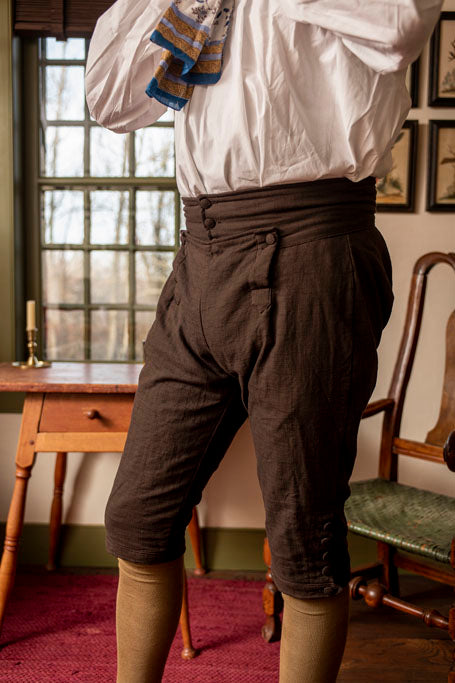 Brown Linen Knee Breeches modeled in an 18th Century Home.