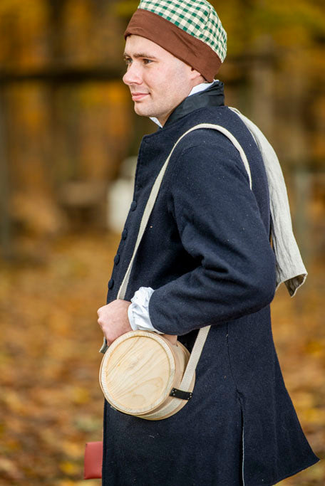 Colonial American Man holding Wood Canteen from Samson Historical