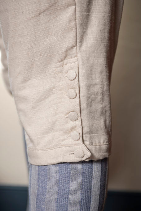 Detail shot of 18th Century Men's Linen Knee Breeches.