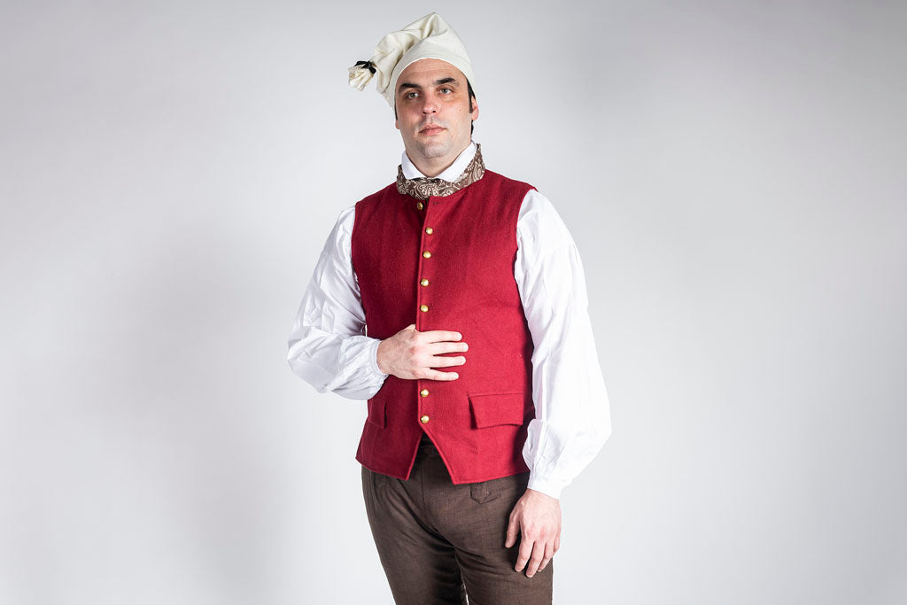 Red 1770&#39;s Waistcoat being displayed on model wearing Colonial American Clothing.